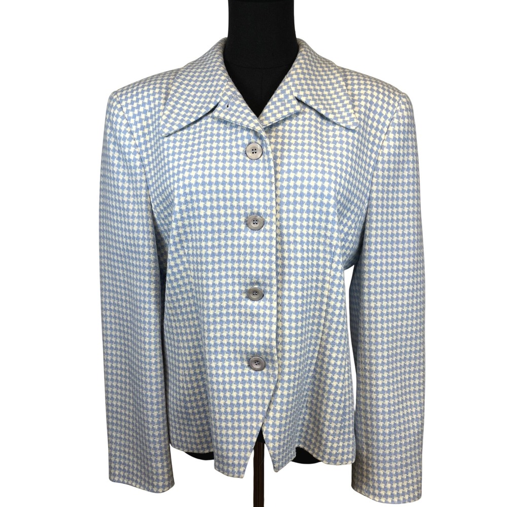 Pendleton Womens Houndstooth‎ Wool Blazer Blue Cream Size 14 P Vintage Preppy